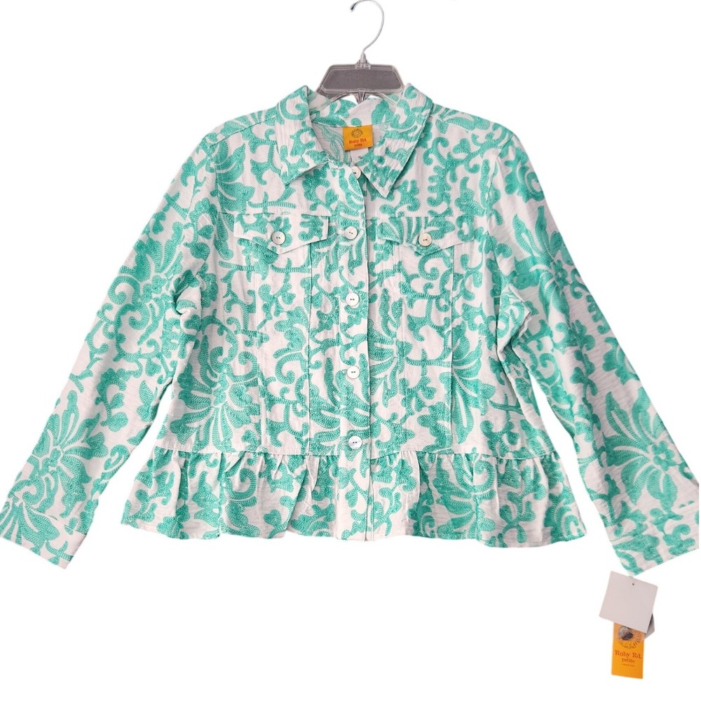 Ruby Rd Julep Green Embroidered Ruffle Hem Jacket Cottagecore Festival Sz PL NWT
